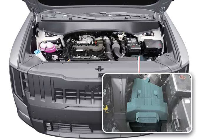 Engine air cleaner assembly housing inside the Kia Telluride engine compartment