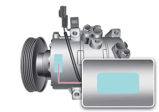 Air conditioner compressor identification label in the Kia Telluride engine compartment