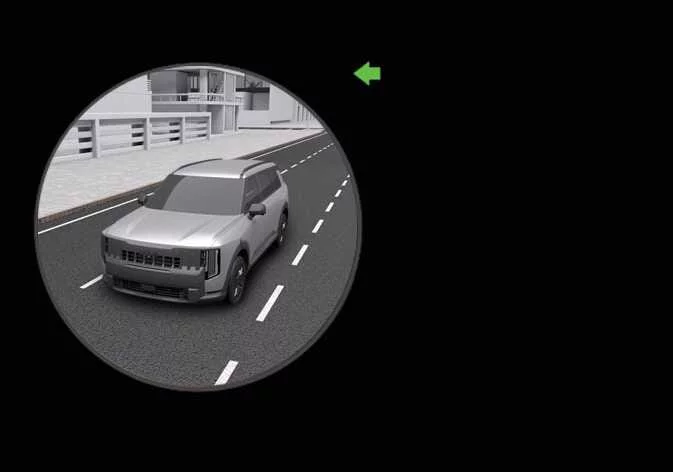 The Kia Telluride instrument cluster screen displaying a live video feed of the left blind spot when the turn signal is engaged.