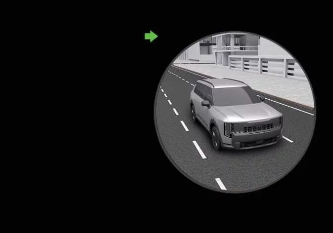 The Kia Telluride instrument cluster screen displaying a live video feed of the right blind spot when the turn signal is engaged.
