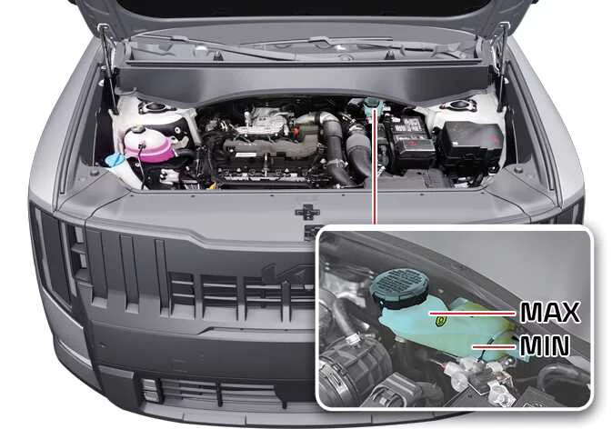 Location of the brake fluid master cylinder reservoir under the hood of a Kia Telluride showing MAX and MIN level marks