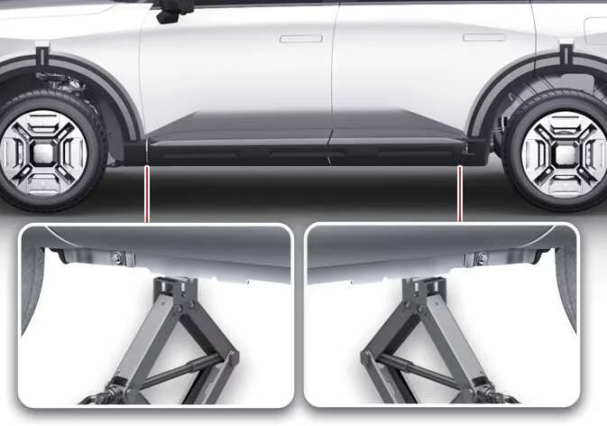 Rear jacking point location marked under the frame of a Kia Telluride