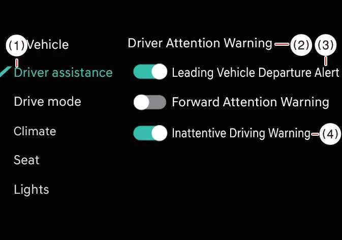 Kia Telluride Driver Attention Warning settings menu on infotainment screen