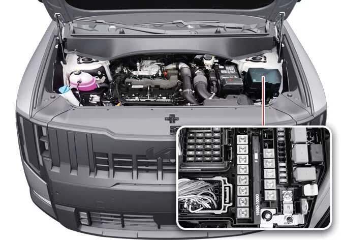 Removing the protective under-hood engine compartment fuse box cover on a Kia Telluride