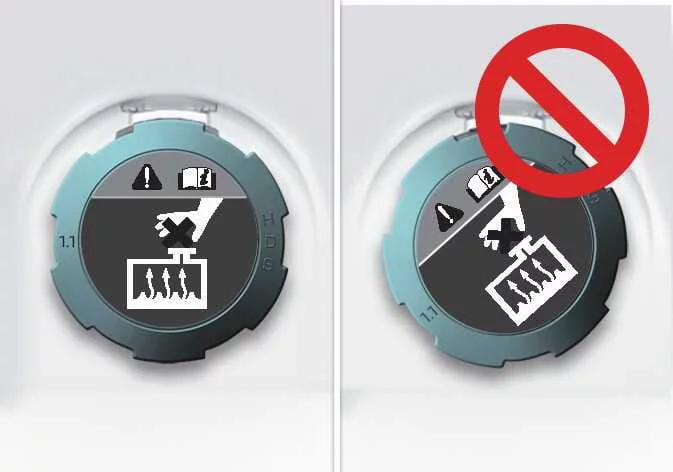 Illustration demonstrating correct straight alignment of the engine coolant reservoir cap label on Kia Telluride