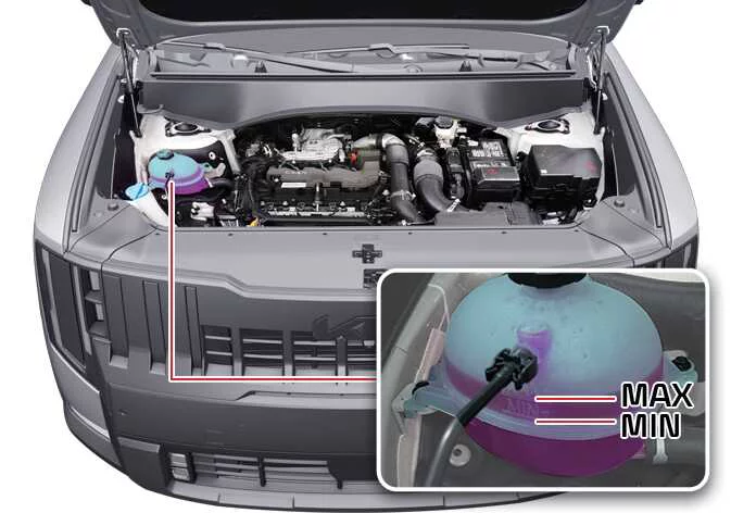 Close-up detail showing the secure interlocking tab mechanism on the Kia Telluride engine coolant reservoir cap