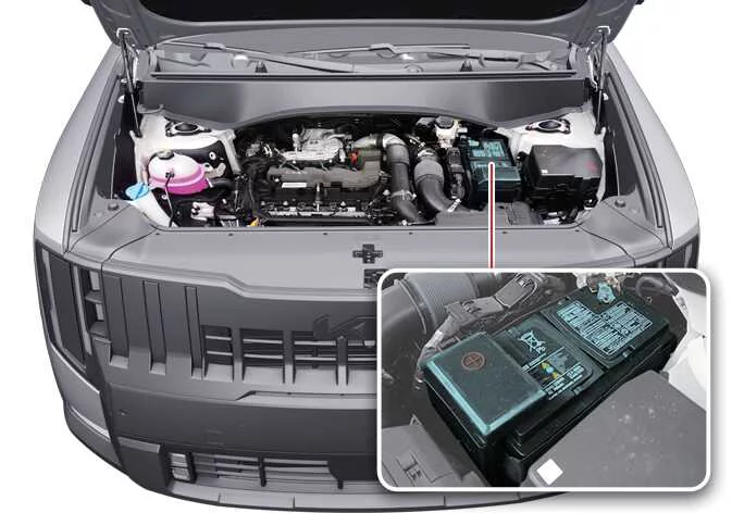 Inspecting the 12V battery assembly and terminal connections in the Kia Telluride engine bay