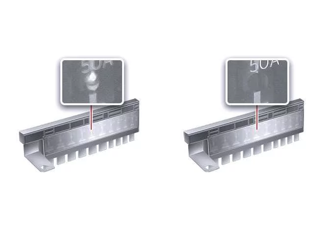Comparison of normal and blown multi-fuse blocks designed for Kia Telluride power distribution panels