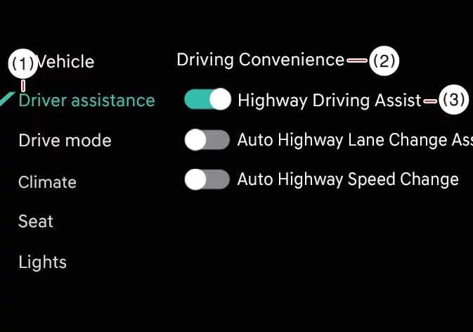 Kia Telluride Highway Driving Assist settings menu