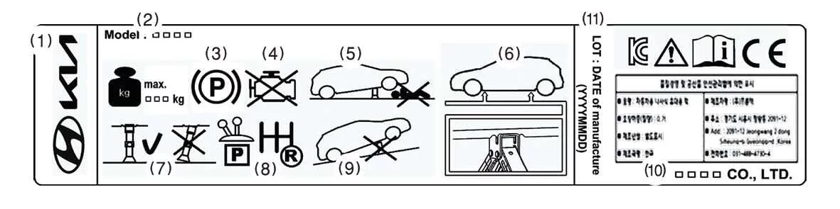 Safety instruction jack label Type A layout for Kia Telluride emergency lifting equipment