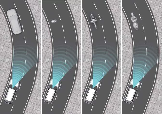 Kia Telluride FCA system limitations while navigating a curve, showing potential detection gaps