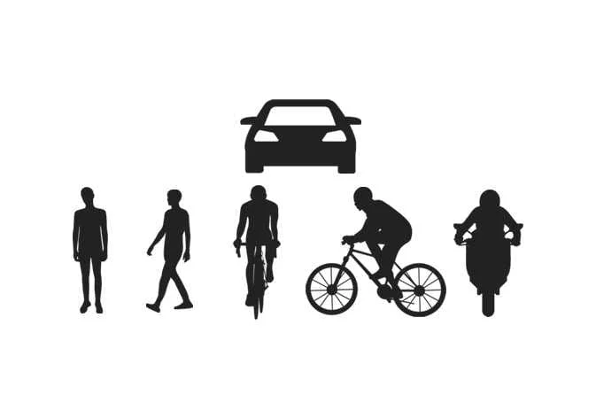 Visual representation of target detection capabilities for the Kia Telluride FCA system, showing vehicles, motorcyclists, and pedestrians in various scenarios