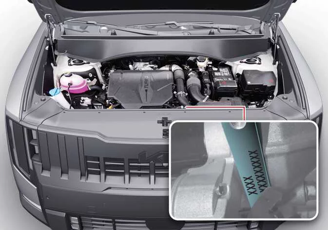 Location of the Kia Telluride engine number stamped on the engine block