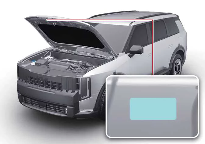 Refrigerant information label located under the hood of the Kia Telluride
