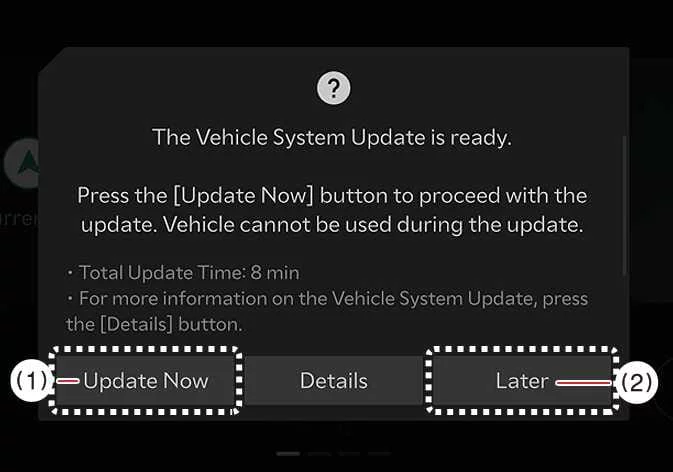 Kia Telluride OTA software update approval screen with Update Now and Later options