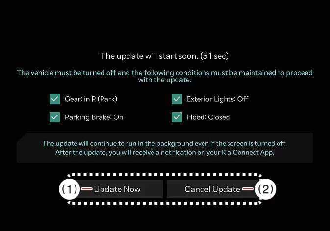 Kia Telluride OTA software update preparation screen with Update Now and Cancel Update buttons