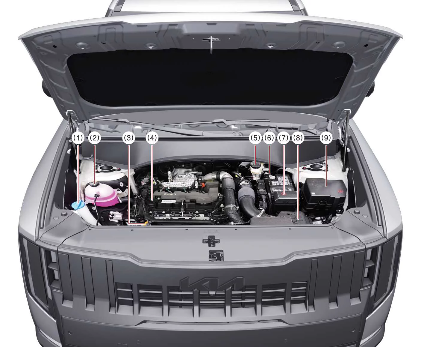 Detailed diagram of the Kia Telluride engine bay showing component locations for maintenance