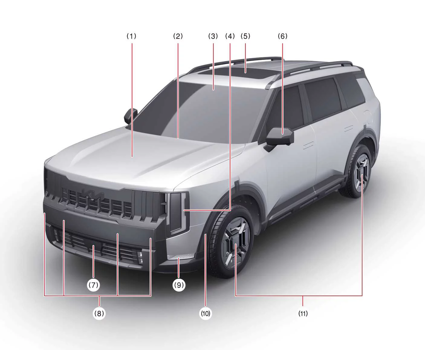 Front exterior overview of the Kia Telluride showing major exterior components and safety sensors