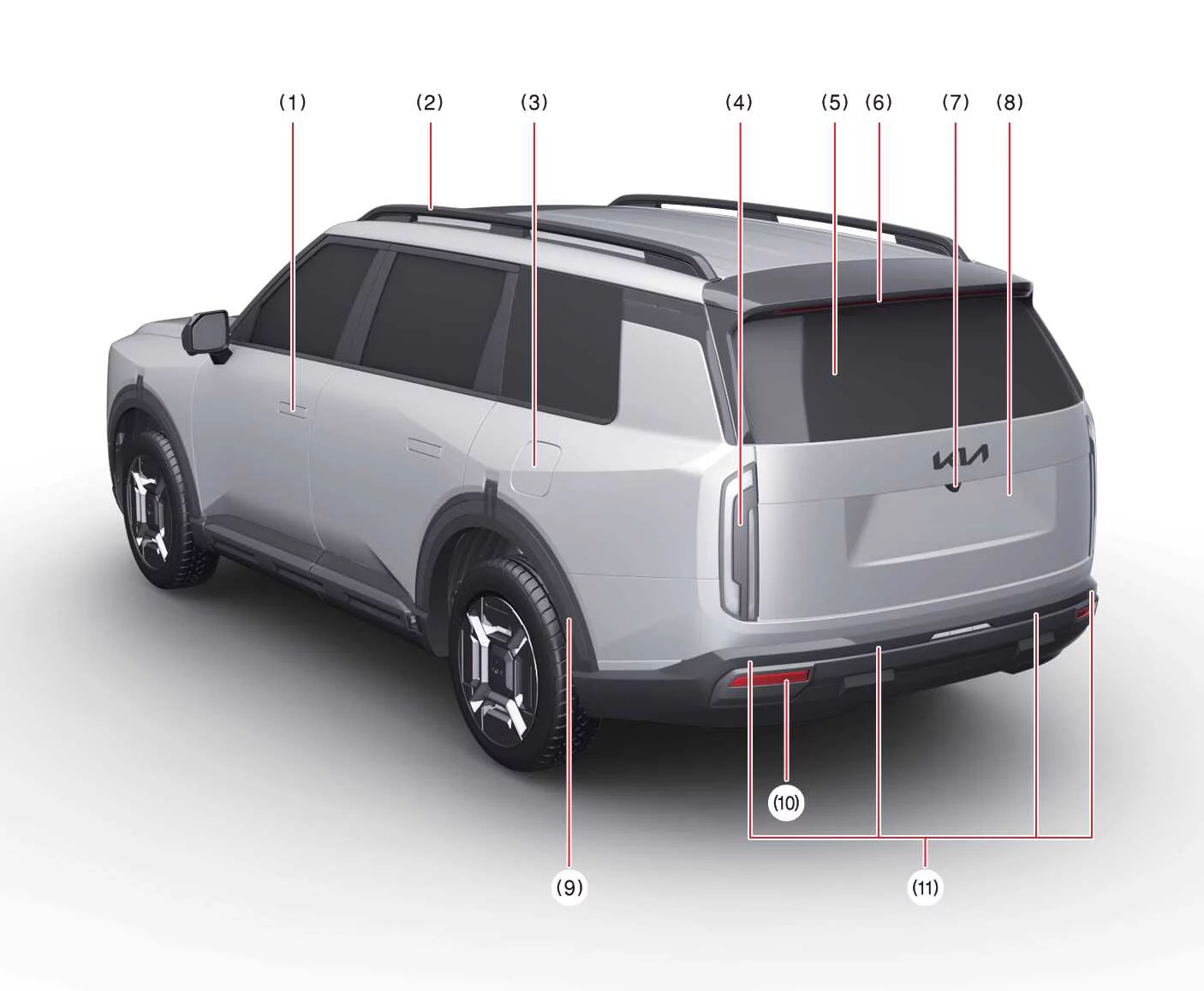 Rear exterior overview of the Kia Telluride highlighting rear lighting, liftgate, camera, and parking sensors