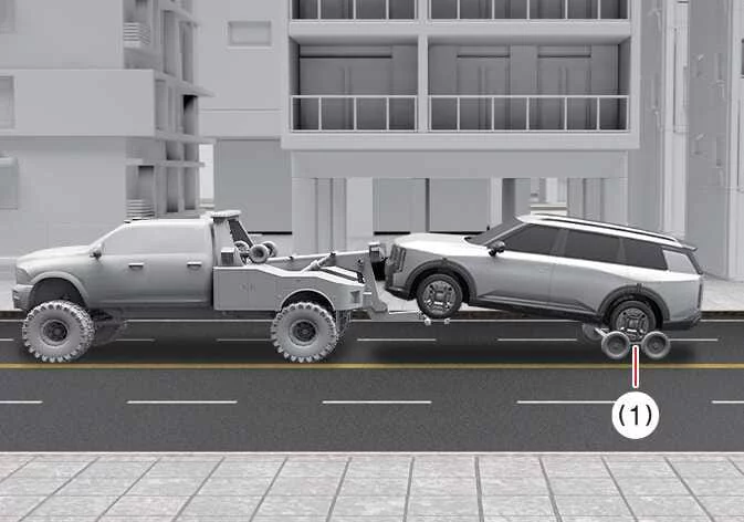Kia Telluride towed using wheel lift equipment with front wheels elevated and rear wheels placed on wheel dollies