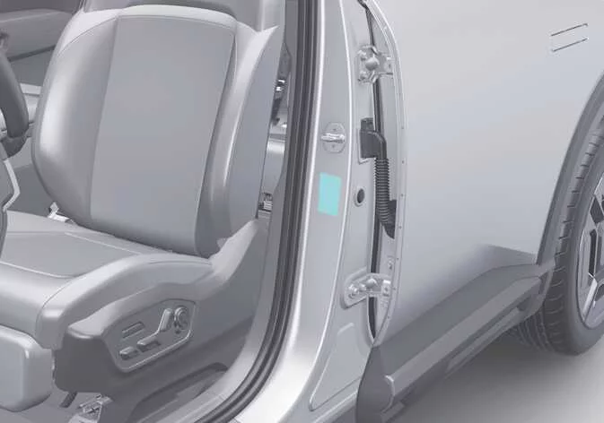 Location of the vehicle certification label on the Kia Telluride driver-side B-pillar