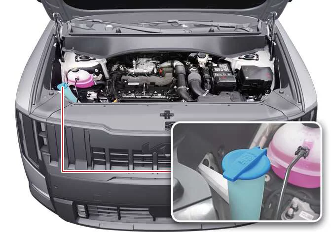 Inspection of the translucent windshield washer fluid reservoir cap and neck in the Kia Telluride engine bay