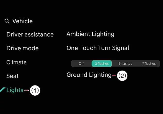 Kia Telluride Ground Lighting settings menu in the infotainment system