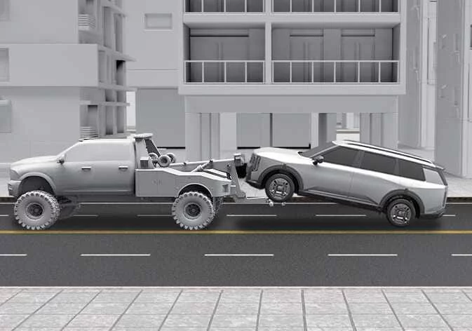 Kia Telluride two-wheel drive vehicle lifted by front drive wheels for short-distance towing